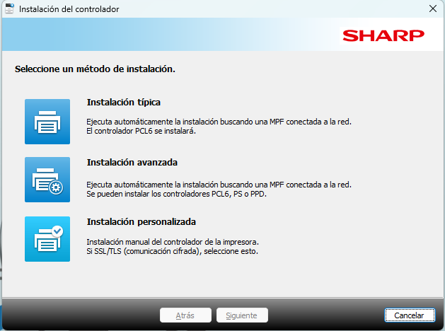 Pantalla de selección de tipo de instalación del driver Sharp