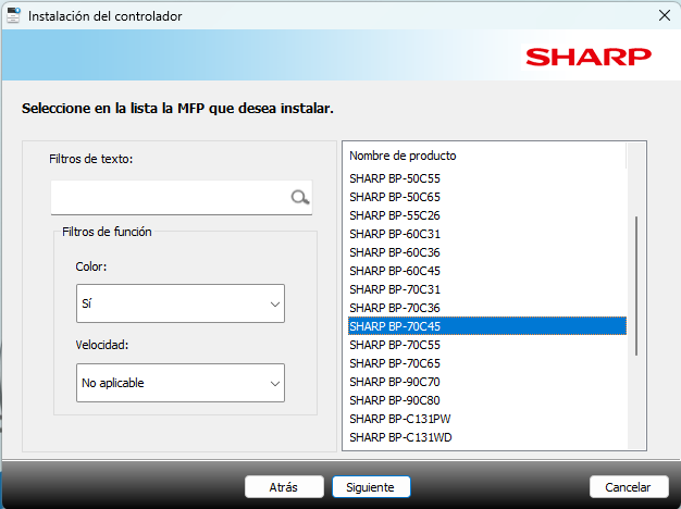 Selección del modelo SHARP BP-70C45
