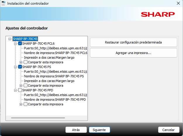 Ajustes del controlador SHARP BP-70C45