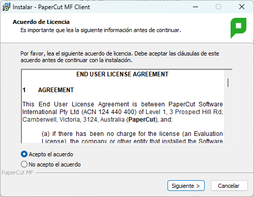 Acuerdo de licencia PaperCut MF Client