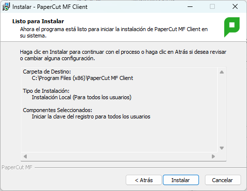Resumen listo para instalar PaperCut