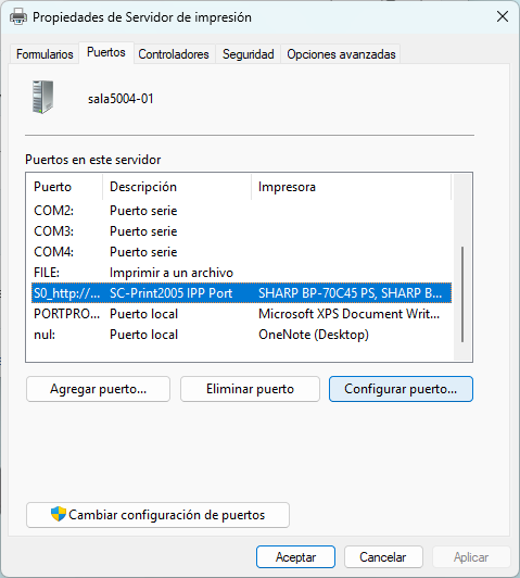 Propiedades del servidor de impresión pestaña Puertos