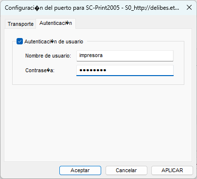 Pestaña Autenticación con usuario impresora
